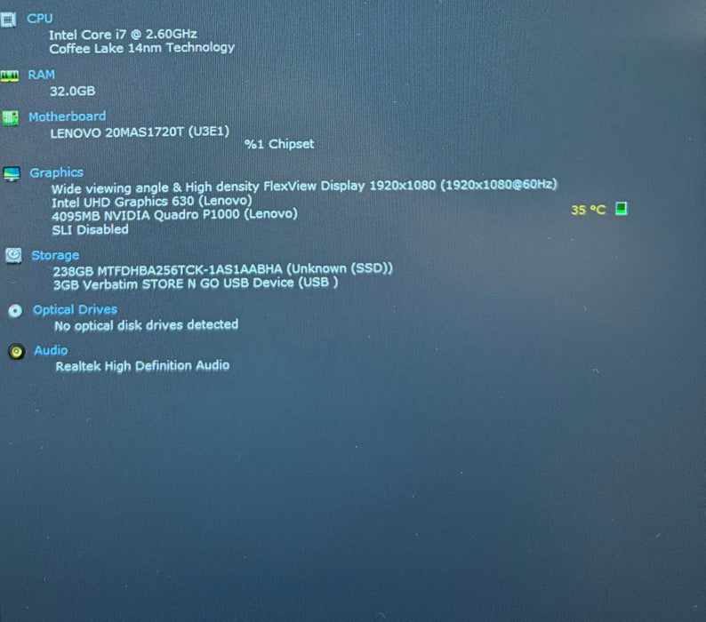 Lenovo ThinkPad P52 i7-8850H@2.6GHz QUADRO P1000 4GB GPU 32GB RAM 256GB SSD  Lap200
