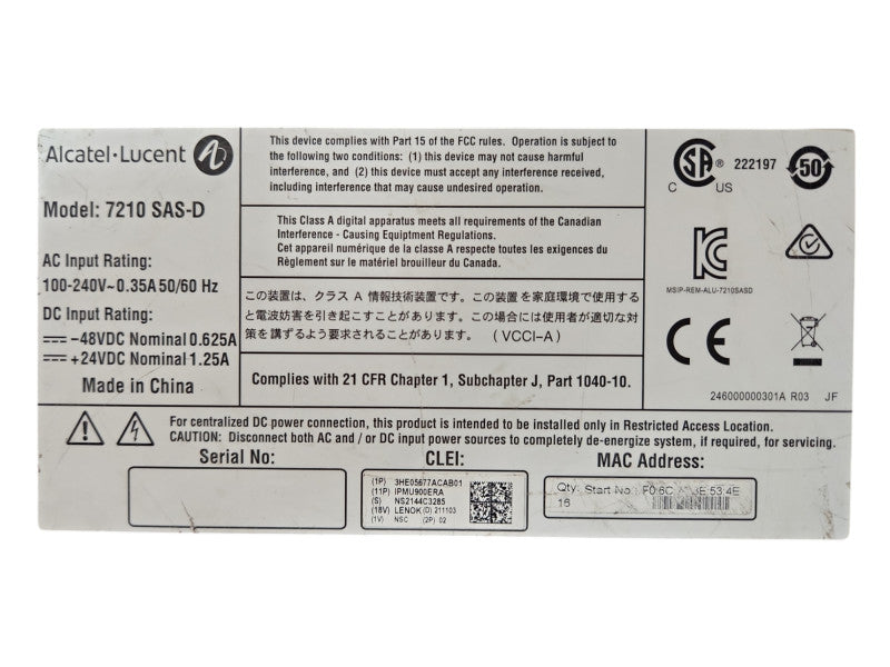 Nokia Alcatel Lucent 7210 SAS-D 6-SFP/4-TX Service Access Switch