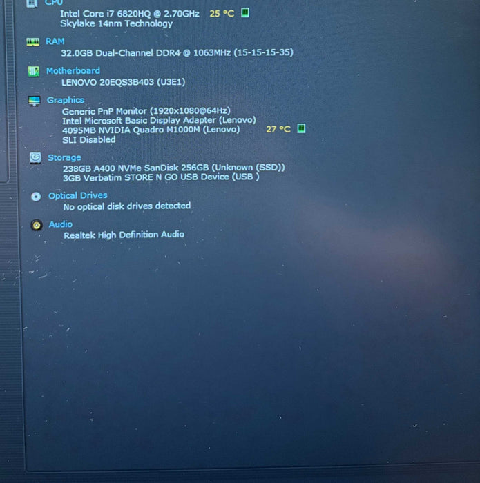 Lenovo ThinkPad P50 i7-6820HQ@2.7GHz QUADRO M1000M 4GB GPU 32GB RAM 256GB SSD  Lap200