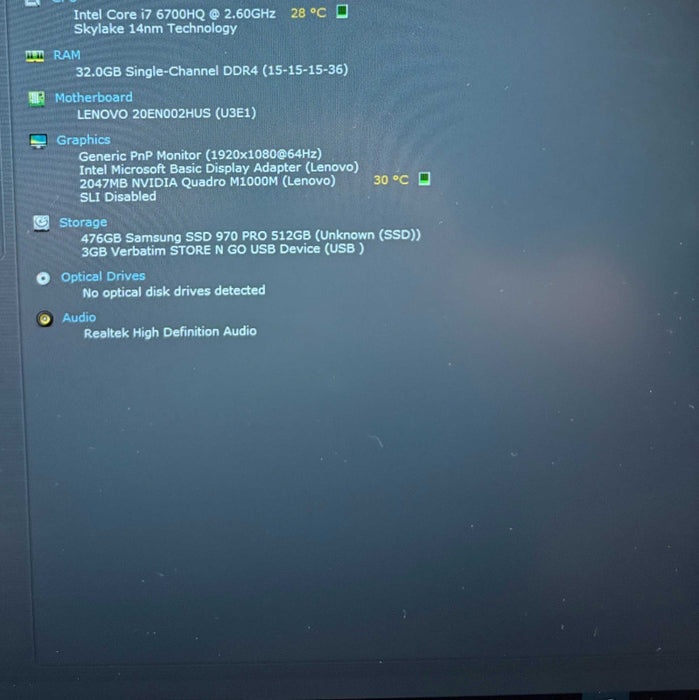 Lenovo ThinkPad P50 i7-6700HQ@2.6GHz QUADRO M1000M 2GB GPU 32GB RAM 256GB SSD  Lap200