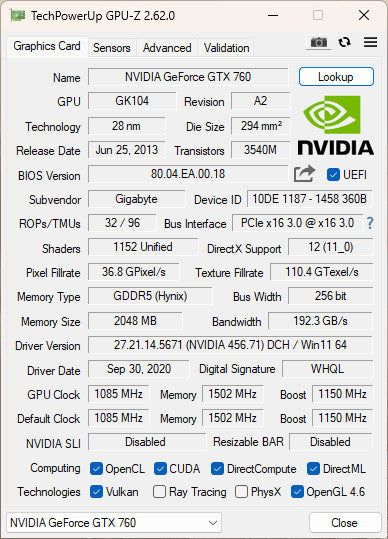 GIGABYTE NVIDIA GTX 760 2GB PCIE %