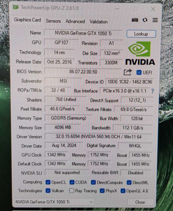 MSI NVIDIA GeForce GTX 1050 Ti 4GB GDDR5 Graphics Card