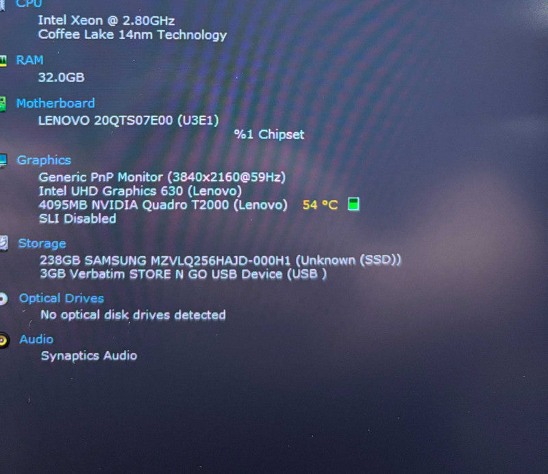 Lenovo ThinkPad P1 4K LCD XEON E-2276M@2.8GHz QUADRO T2000 GPU 32GB 256SSD  Lap200