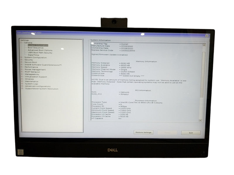 Dell OptiPlex 5270 AiO Touch Intel i5-9500 CPU 3.0GHz 8GB RAM - [READ]
