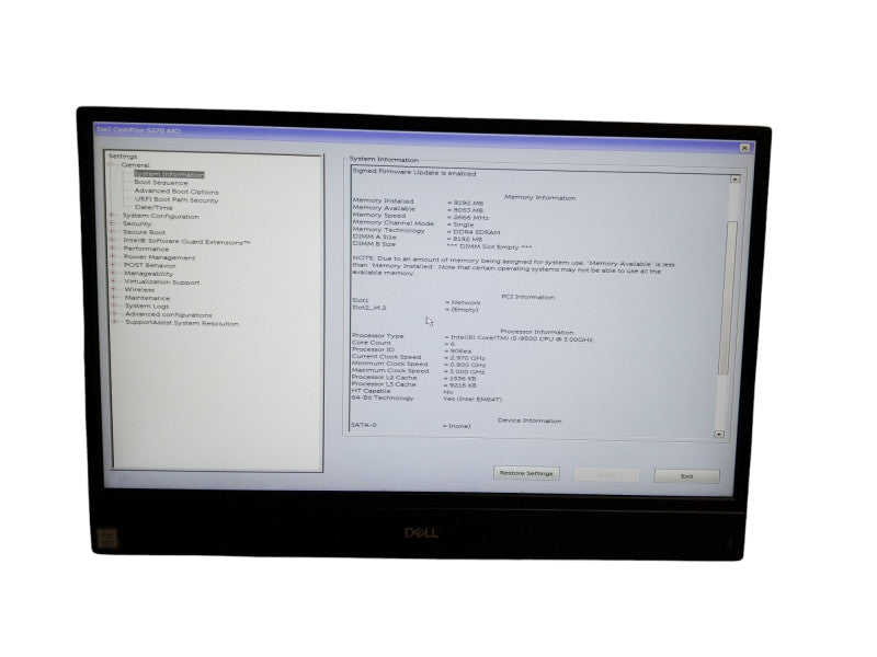 Dell OptiPlex 5270 AiO Intel i5-9500 CPU 3.0GHz 8GB RAM - NO HDD