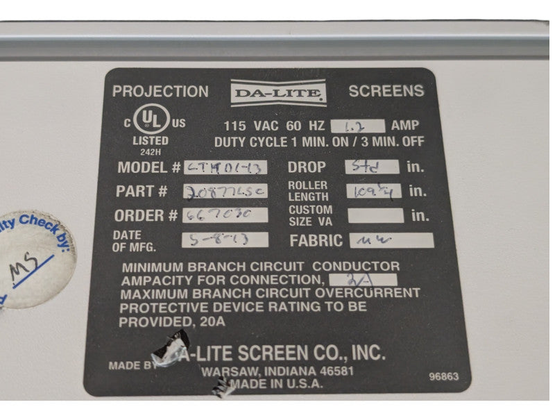 DA-LITE Projection Screen 109.25 inch Electrical Operated Please READ -