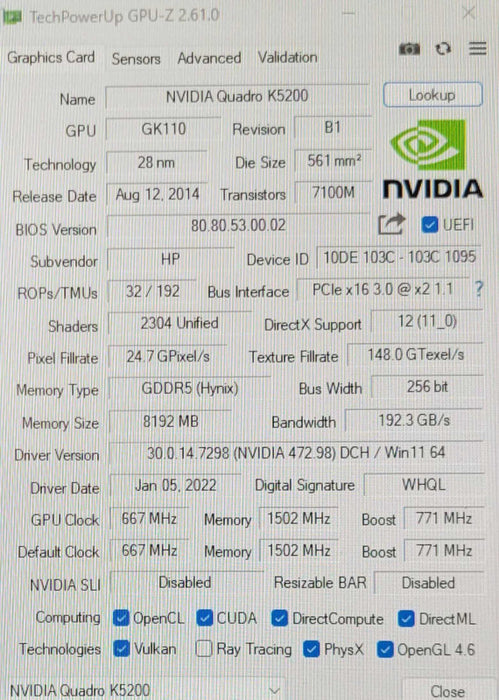 Nvidia Quadro K5200 8GB GDDR5 Graphics Card GPU _