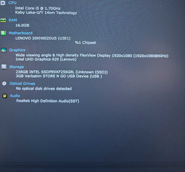 Lenovo ThinkPad X1 Carbon i5-8350U 16GB 256SSD No Power Adapter READ!  Lap200