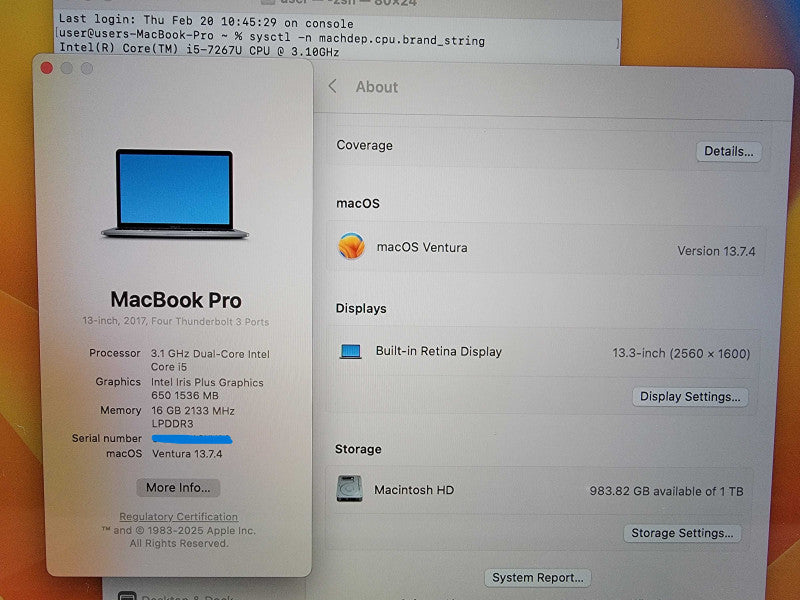 Apple MacBook Pro 13" A1706 2017 | i5-7267U @3.1GHz 16GB RAM 1TB SSD - READ