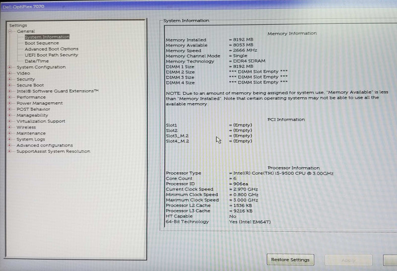 Dell OptiPlex 7070 SFF Intel i5-9500 3.0GHz 8GB RAM - NO HDD Q