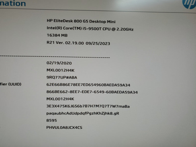 HP EliteDesk 800 G5 SFF i5-9500T 2.2GHz 16GB Ram No HDD