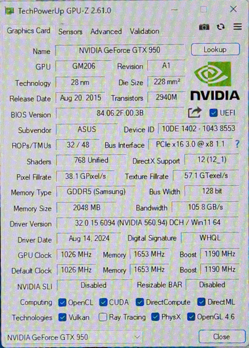 Asus GeForce GTX 950 2GB GDDR5 Mini Video Graphic Card