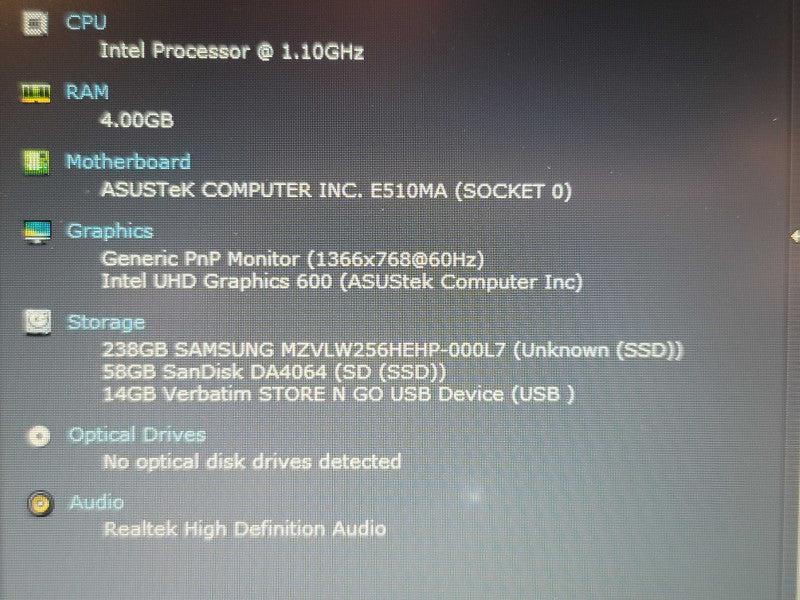 ASUS L510 Celeron n4020 1.10Ghz 4GB RAM 256GB SSD NO ADAPTER READ β BudLap