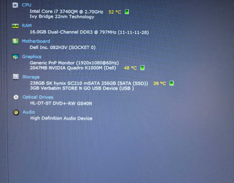 Dell Precision M4700 i7-3740QM@2.7Gh QUADRO K1000M 2GB GPU 16GB RAM 256GB SSD  Lap200