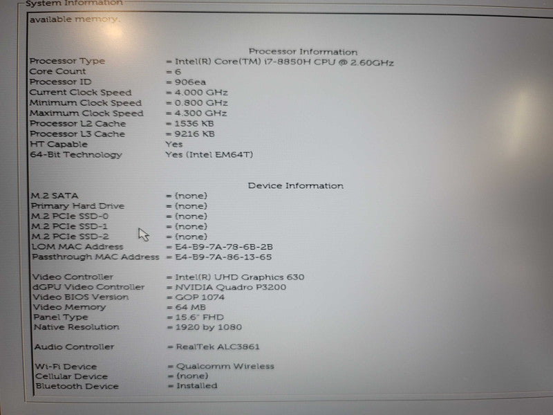 Dell Precision 7530 i7-8850H 32GB DDR4 Quadro P3200 No SSD PARTS/REPAIR  β Lap200