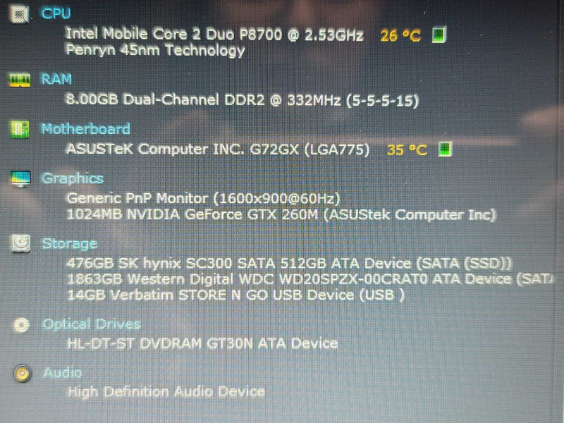 RETRO ASUS G72GX Core 2 Duo 2.53GHz 8GB DDR2 GTX 260M 512GB SD  +1TB HDD  β BudLap