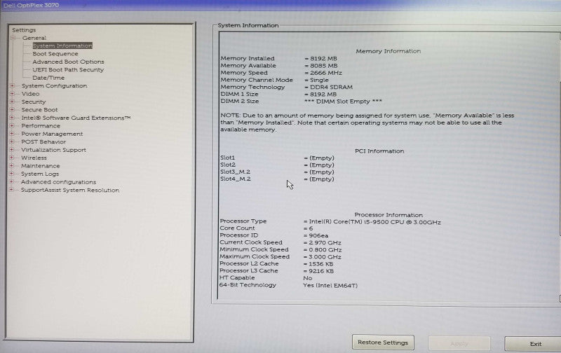 Dell OptiPlex 3070 SFF Intel i5-9500 CPU 3.00GHz 8GB RAM - NO HDD