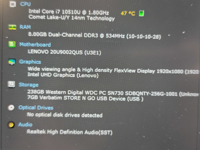 Lenovo ThinkPad X1 i7-10510U 8GB DDR3 256GB SSD NO BATTERY  β Lap200