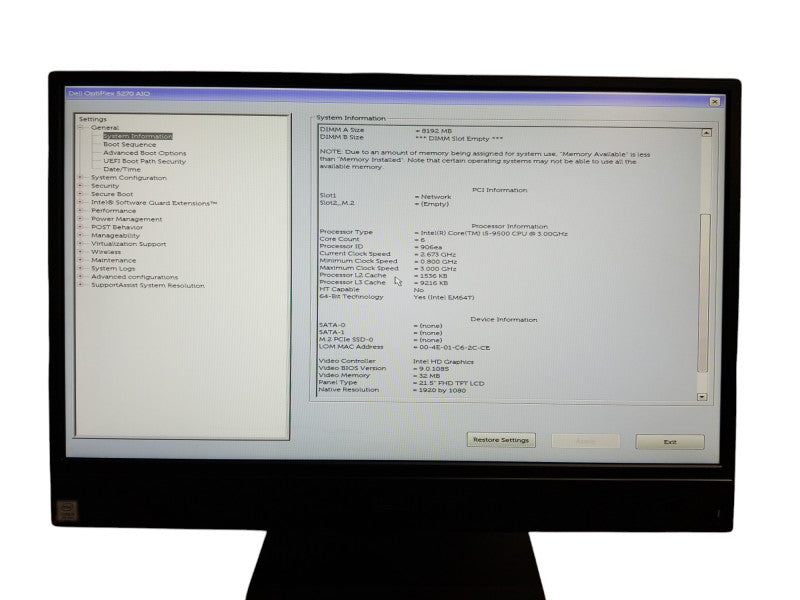 Dell OptiPlex 5270 AiO Intel i5-9500 CPU 3.0GHz 8GB RAM - NO HDD