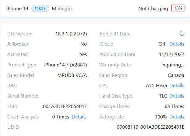 Apple iPhone 14 - 128GB - Midnight [A2881 | Read] (