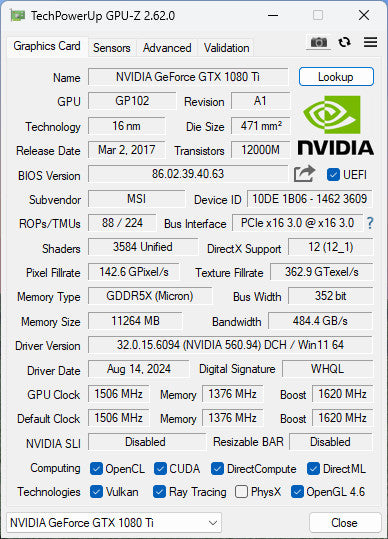 MSI GeForce GTX 1080 Ti Aero GDR5X GPU - 3xDP 1xHDMI - *READ*