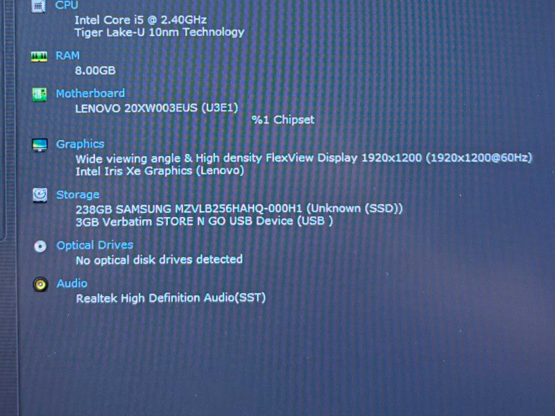 Lenovo ThinkPad X1 Carbon Gen 9 i5-1135G7@2.4GHz 8GB DDR4 RAM 256GB SSD  Lap200