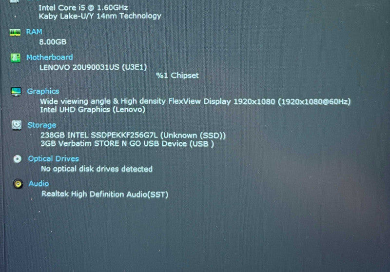 Lenovo ThinkPad X1 Carbon Gen 8 TOUCH i5-10210U@1.6GHz 8GB RAM 256GB SSD  Lap200
