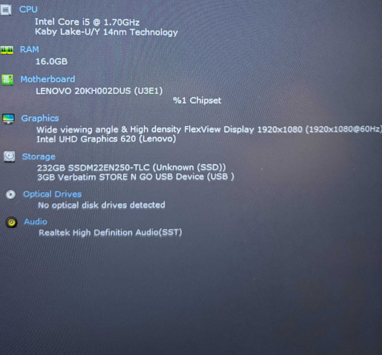 Lenovo ThinkPad X1 Carbon i5-8350U@1.7GHz 16GB RAM 256GB SSD  Lap200