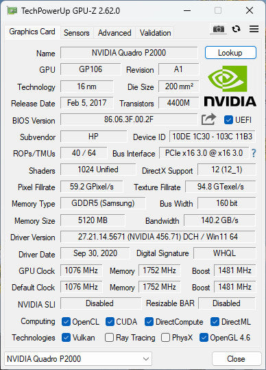 NVIDIA Quadro P2000 5GB GDDR5 Graphics Card 4xDisplay Port