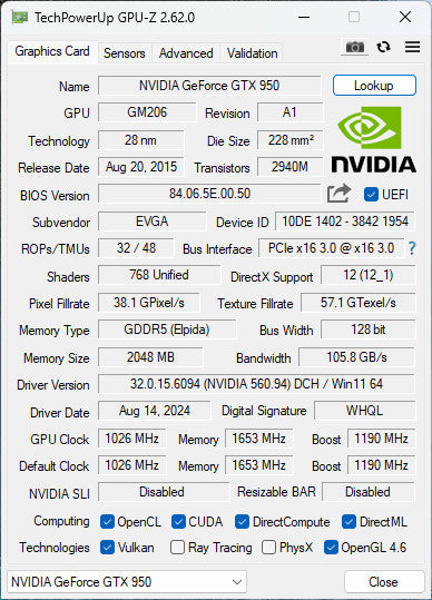 EVGA GeForce GTX 950 2GB GDDR5 GPU - 1xHDMI 1xDP 2xDVI(I/D)