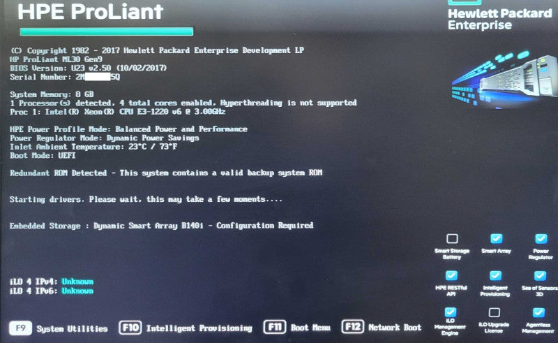HP Proliant ML30 Gen9 Xeon E3-1220v6 3.00GHz, 8GB RAM, Smart Array B140i _