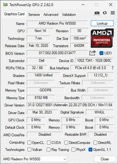 AMD Radeon Pro W550 8GB GDDR6 Graphics Card 4xDisplay Port