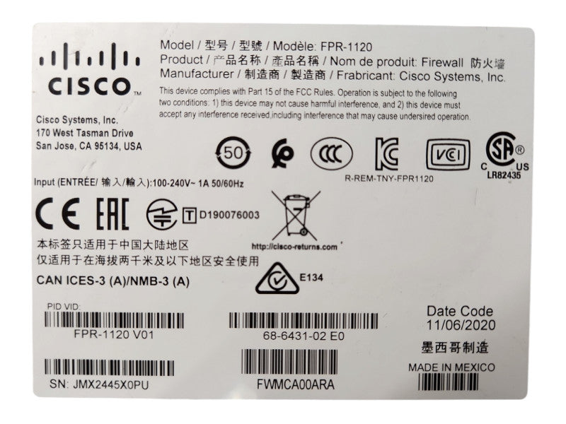 Cisco FPR-1120 FirePower 1120 Firewall Appliance W/ FPR1K-SSD200
