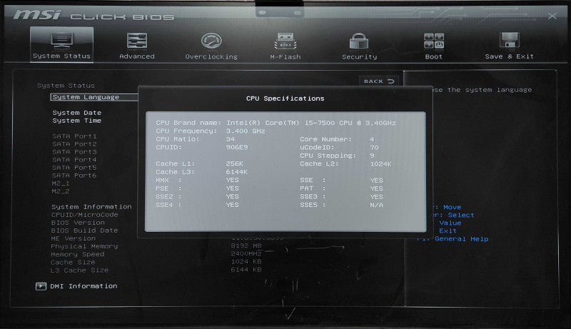 MSI B250 PC MATE with i5-7500 CPU 3.40GHz, No I/O Shield