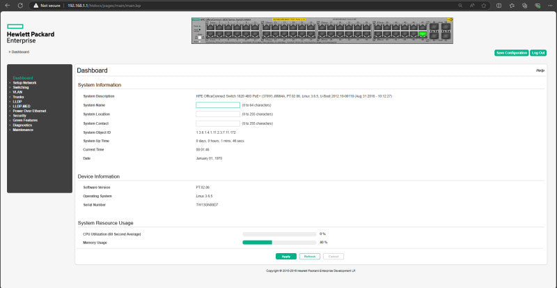 HPE OfficeConnect Switch 1820 48G PoE+ (370W) J9984A | Factory Reset