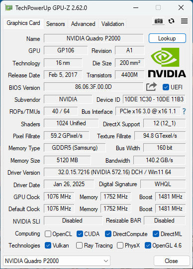 NVIDIA Quadro P2000 5GB GDDR5 Graphics Card 4xDisplay Port