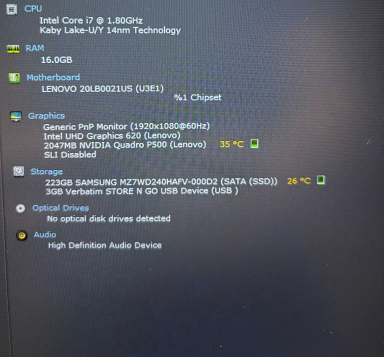 Lenovo ThinkPad P52s i7-8550U@1.8GHz QUADRO P500 2GB GPU 16GB RAM 240GB SSD  Lap200