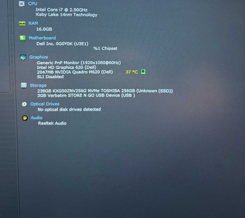 Dell Precision 3520 i7-7820HQ@2.9GHz QUADRO M620 2GB GPU 16GB 256SSD READ  Lap200