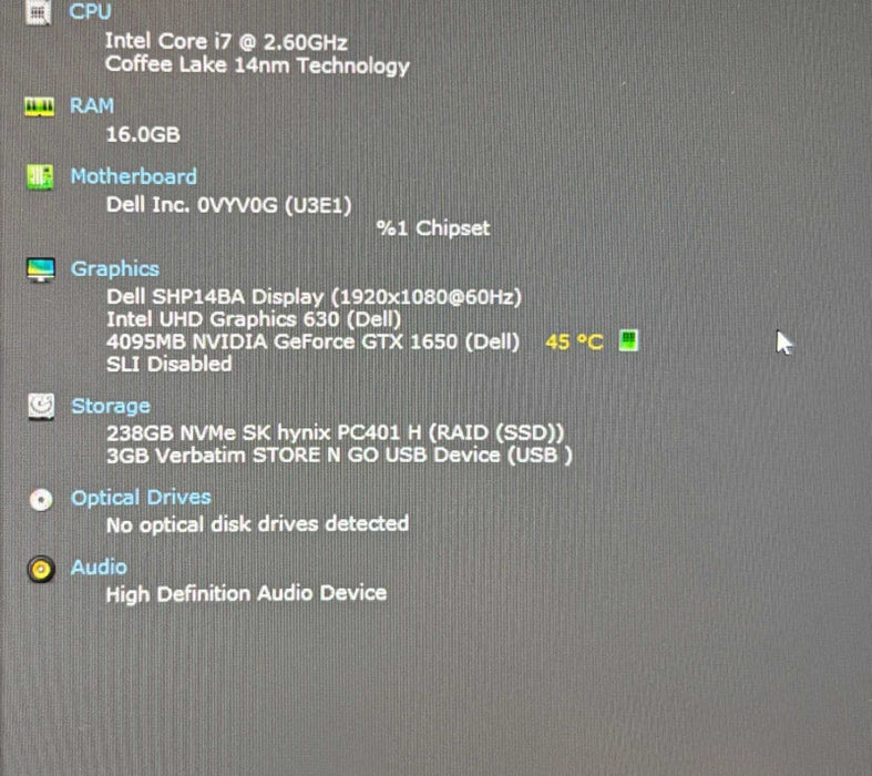 Dell XPS 15 7590 i7-9750H@2.6GHz GeForce GTX1650 4GB GPU 16Gb RAM 256GB SSD  Lap200