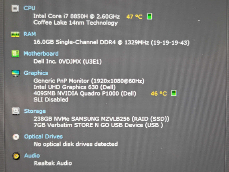 Dell Precision 5530 i7 8850H 16GB DDR4 Quadro P1000 256GB SSD No Adapter  β Lap200
