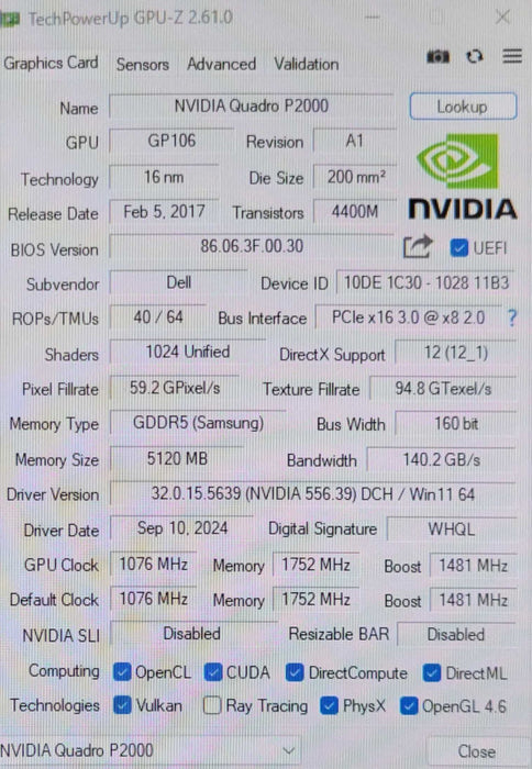 Dell Nvidia Quadro P2000 Graphics Card GPU 5GB GDDR5, 4 DisplayPorts _