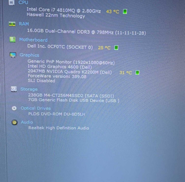 Dell Precision M6800 i7-4810MQ QUADRO K2200M 2GB GPU 16GB RAM 256SSD READ!  Lap200