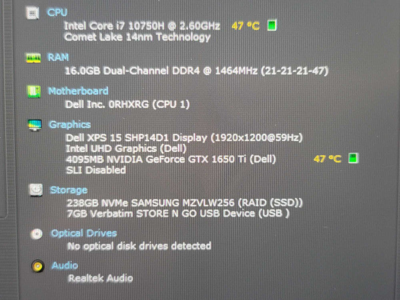 Dell XPS 15 9500 i7 10750H 16GB DDR4 GTX 1650 Ti 256GB SSD  Qβ Lap200
