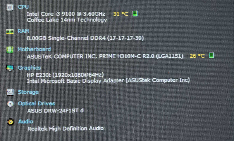 Custom PC/ ASUS PRIME H310M-C, i3-9100 3.60GHz, 8GB DDR4, No HDD