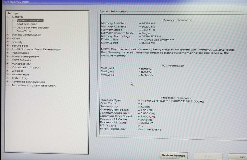 Dell OptiPlex 7080 USFF Intel i7-10700T CPU 2.0GHz 16GB RAM - NO HDD