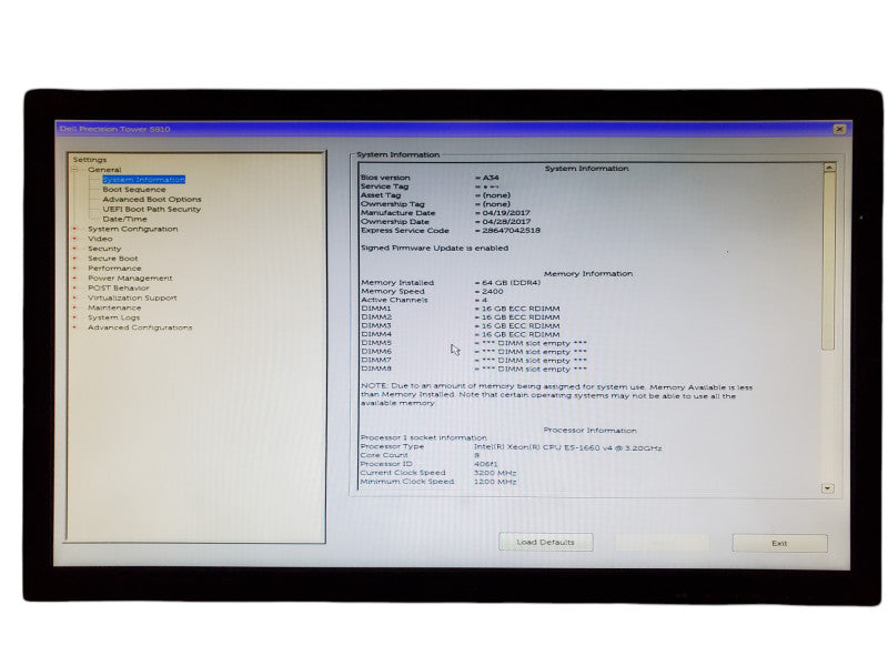 Dell Precision Tower 5810 Xeon E5-1660 v4 64GB DDR4 K2000 - No HDD
