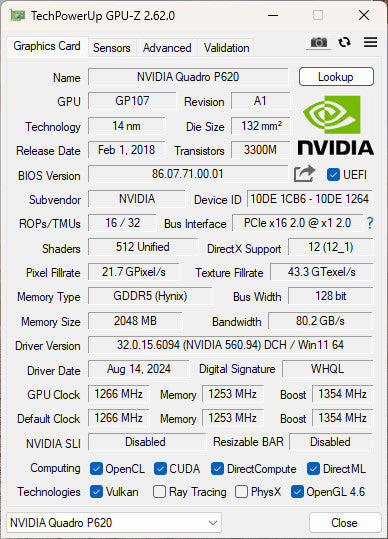NVIDIA QUADRO P620 2GB PCIE %