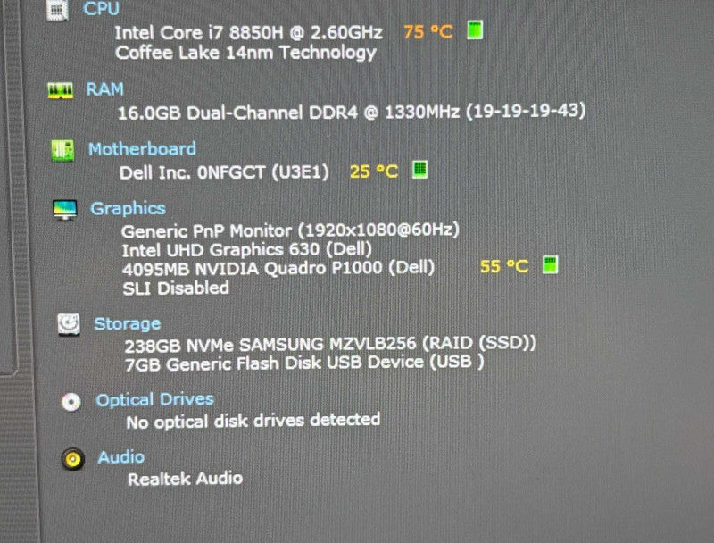 Dell Precision 5530 i7-8850H QUADRO P1000 GPU 16GB 256SSD No Power Adapter Q Lap200