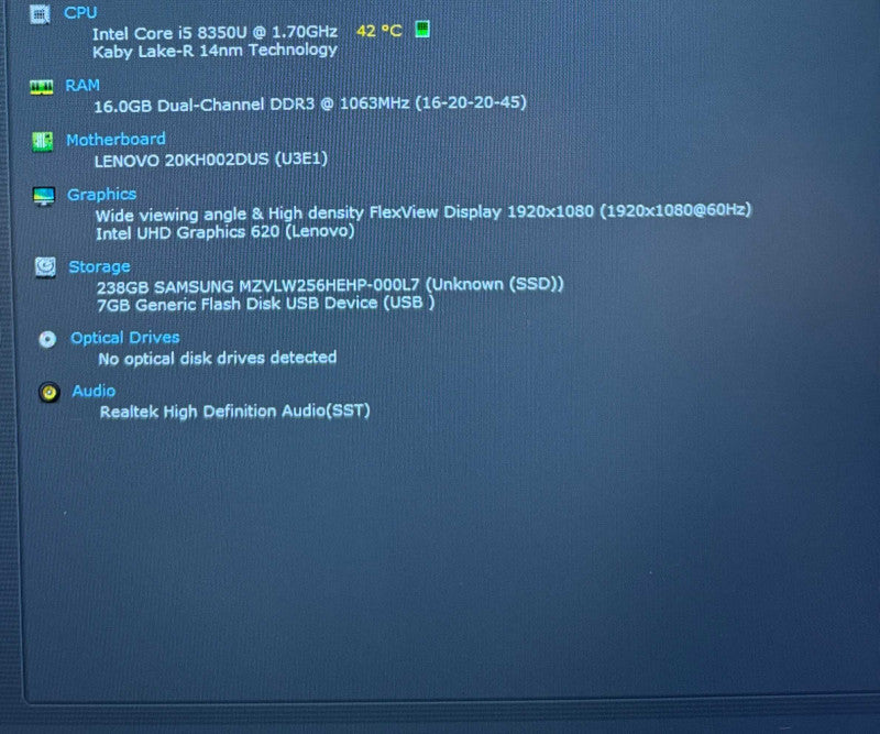 Lenovo ThinkPad X1 Carbon i5-8350U@1.7GHz 16GB RAM 256GB SSD  Lap200