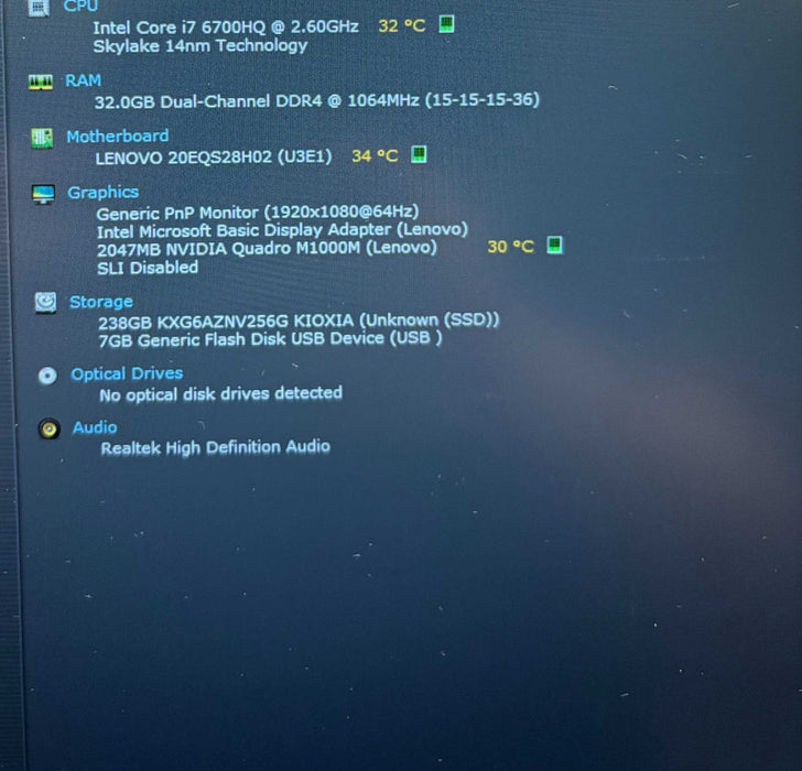 Lenovo ThinkPad P50 i7-6700HQ@2.6GHz QUADRO M1000M 2GB GPU 32GB RAM 256SSD  Lap200